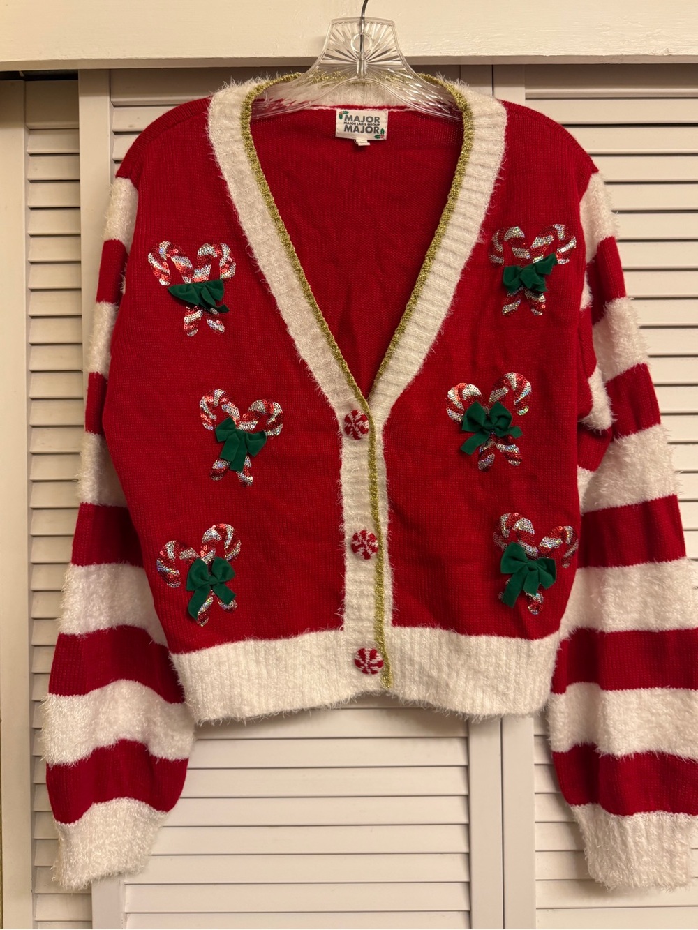 Christmas Candy Cane Embellished Cardigan Women’s Sz L Holiday Ugly Sweater
